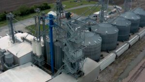 Aerial view of tower above agricultural construction site by Precision Ag Construction