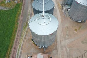 Aerial view of 750000 bushel bin under construction with Nebraska millwright services