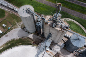 Aerial view of Nebraska agricultural construction at a large grain facility